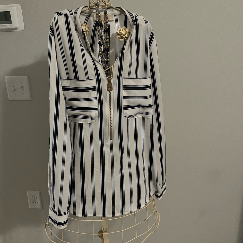 Michael Kors Navy and White Zip Front Blouse